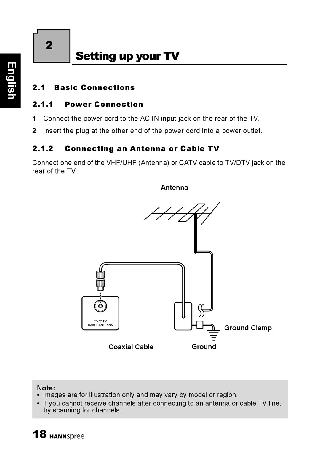 HANNspree 1506-0B86000 manual Setting up your TV, Basic Connections Power Connection, Connecting an Antenna or Cable TV 