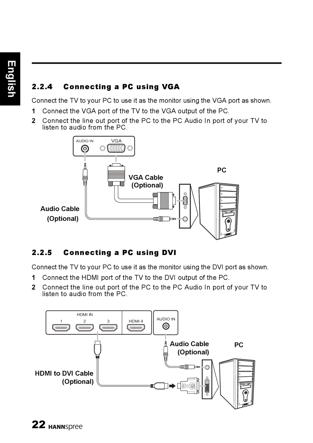 HANNspree 1506-0B86000 manual Connecting a PC using VGA, Connecting a PC using DVI, VGA Cable Optional Audio Cable Optional 