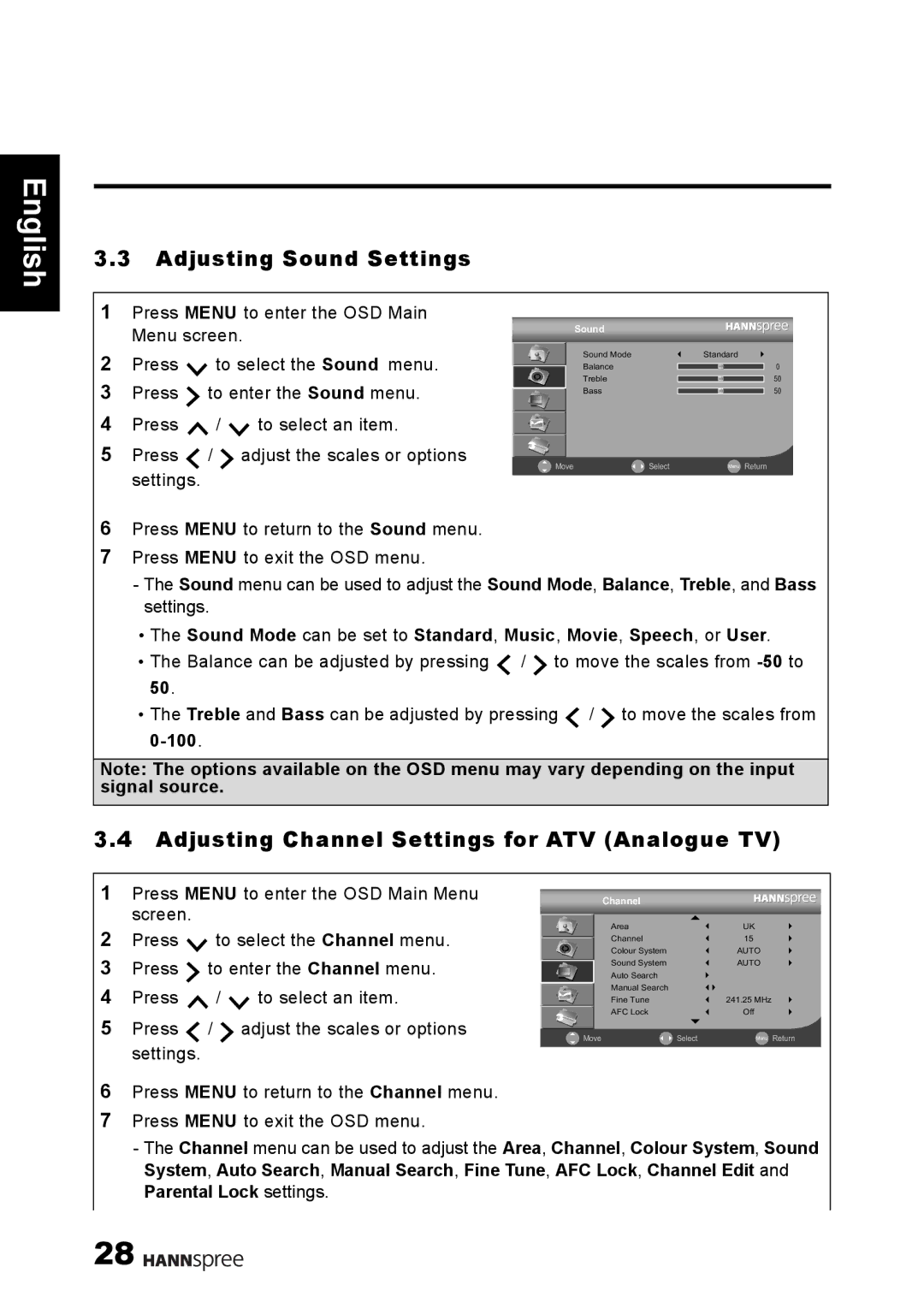 HANNspree 1506-0B86000 manual Adjusting Sound Settings, Adjusting Channel Settings for ATV Analogue TV 