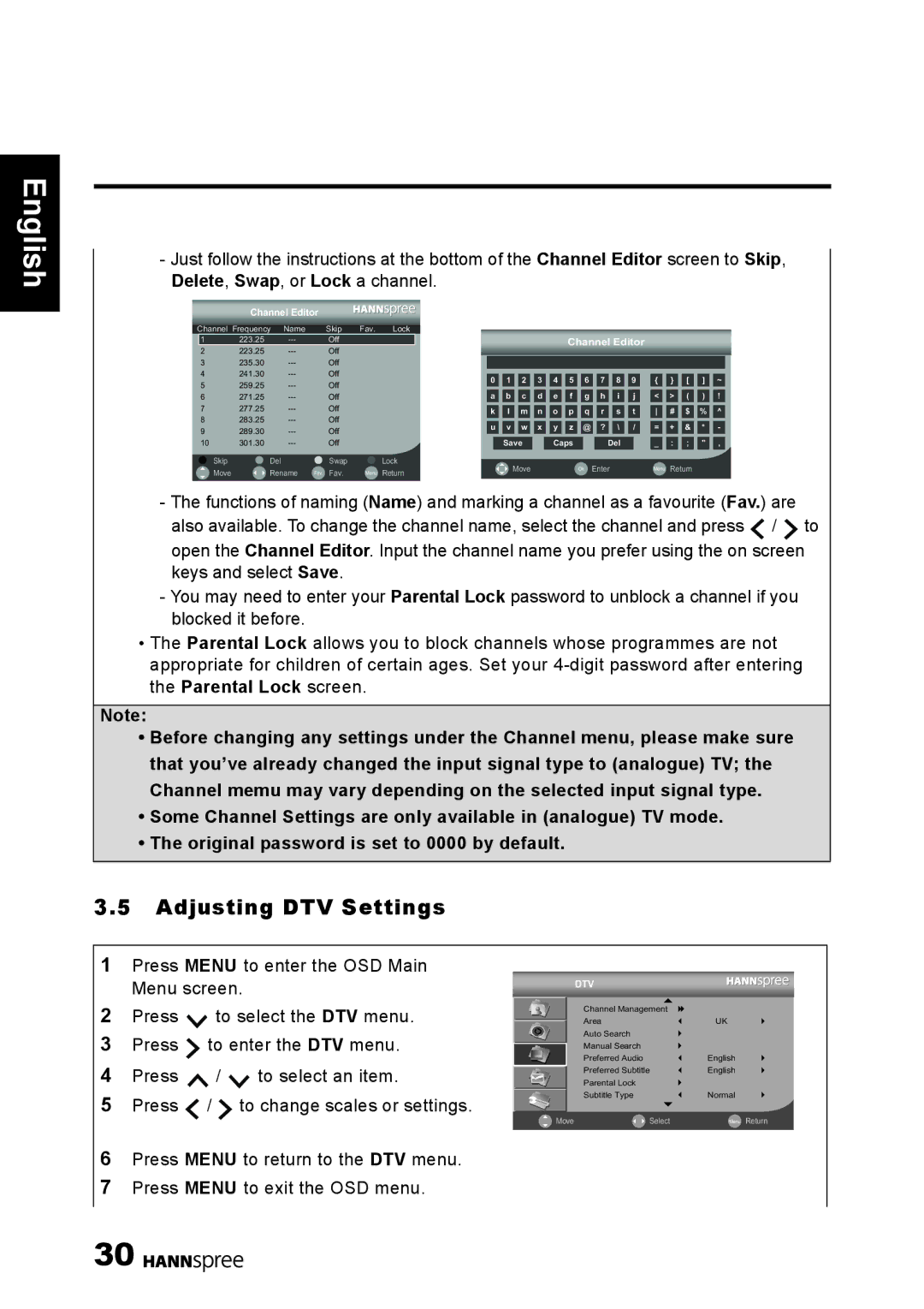 HANNspree 1506-0B86000 manual Adjusting DTV Settings, Channel Editor 