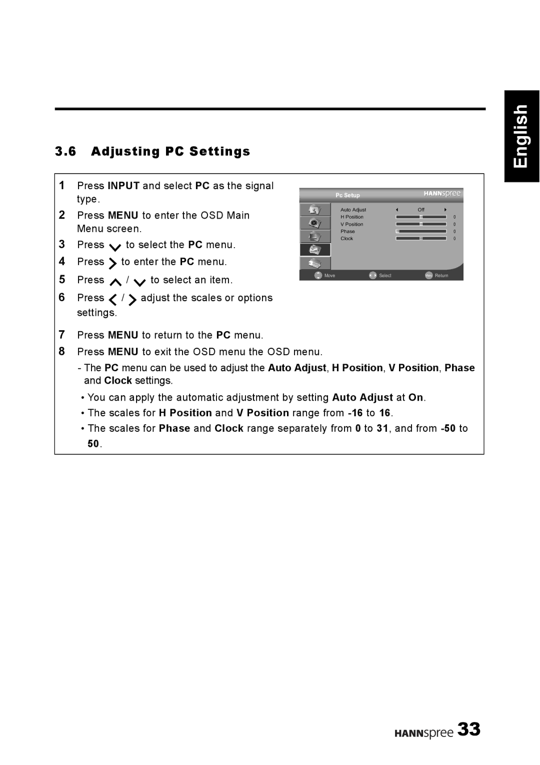 HANNspree 1506-0B86000 manual Adjusting PC Settings 