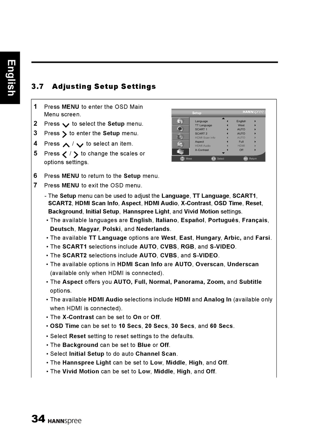 HANNspree 1506-0B86000 manual Adjusting Setup Settings 