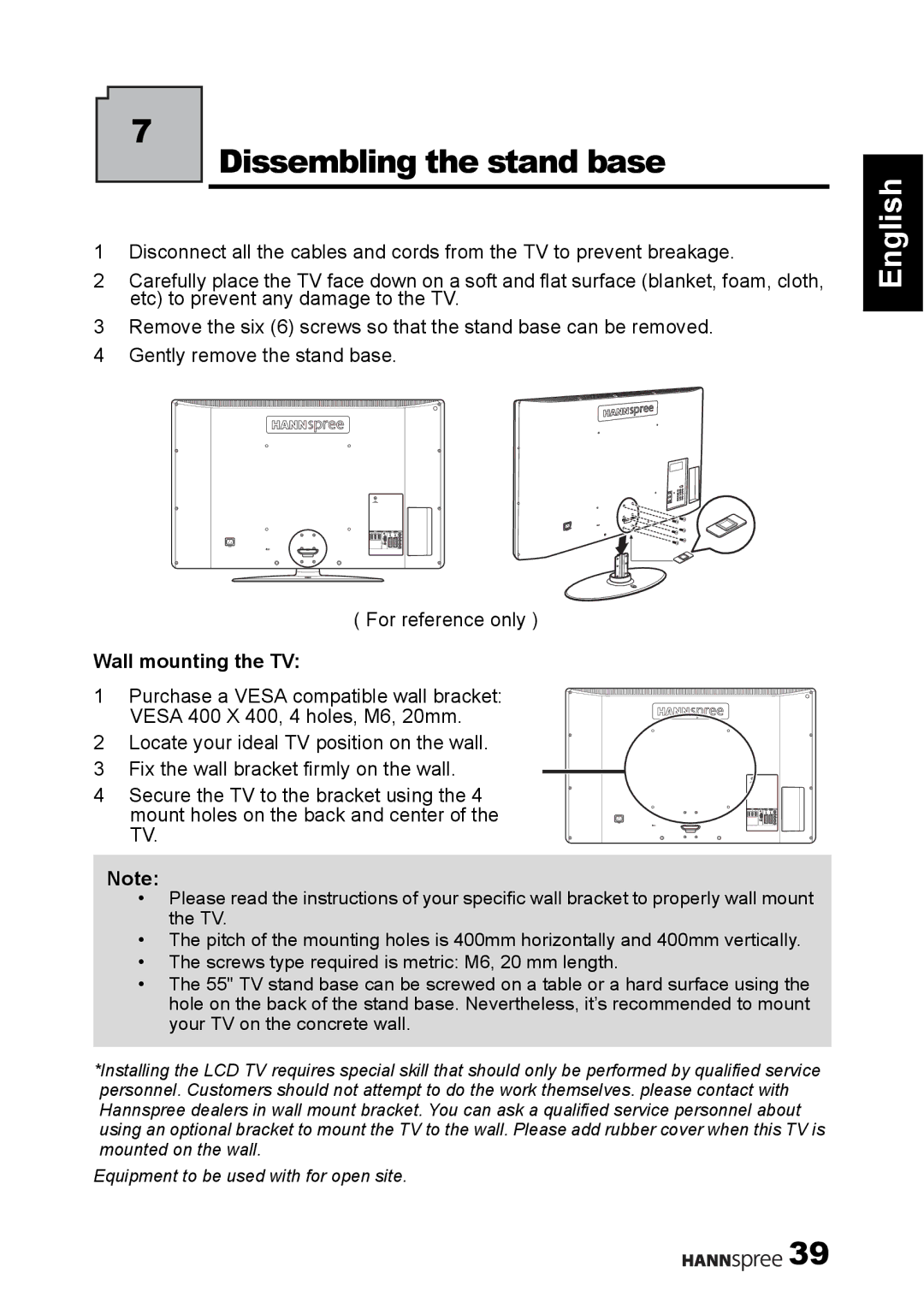 HANNspree 1506-0B86000 manual Dissembling the stand base, Wall mounting the TV 