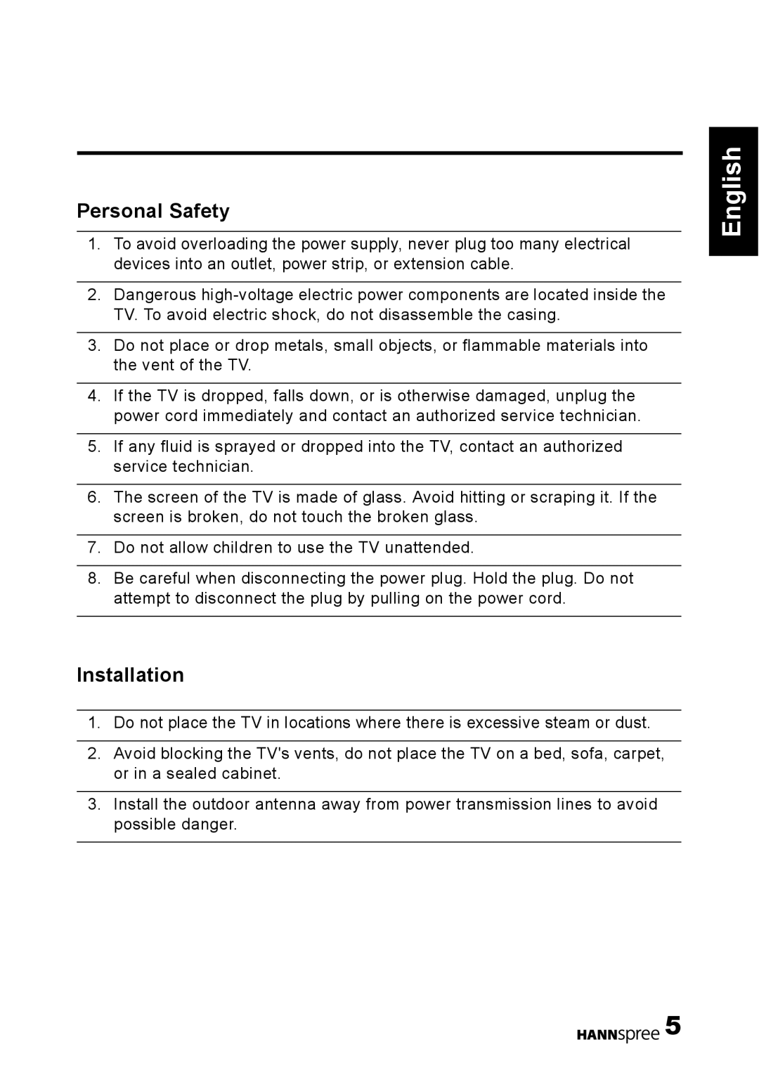 HANNspree 1506-0B86000 manual Personal Safety 