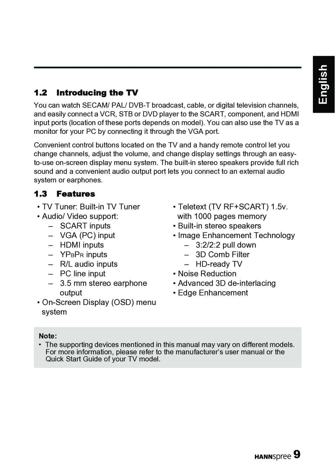 HANNspree 62-01000016G000 manual Introducing the TV, Features 