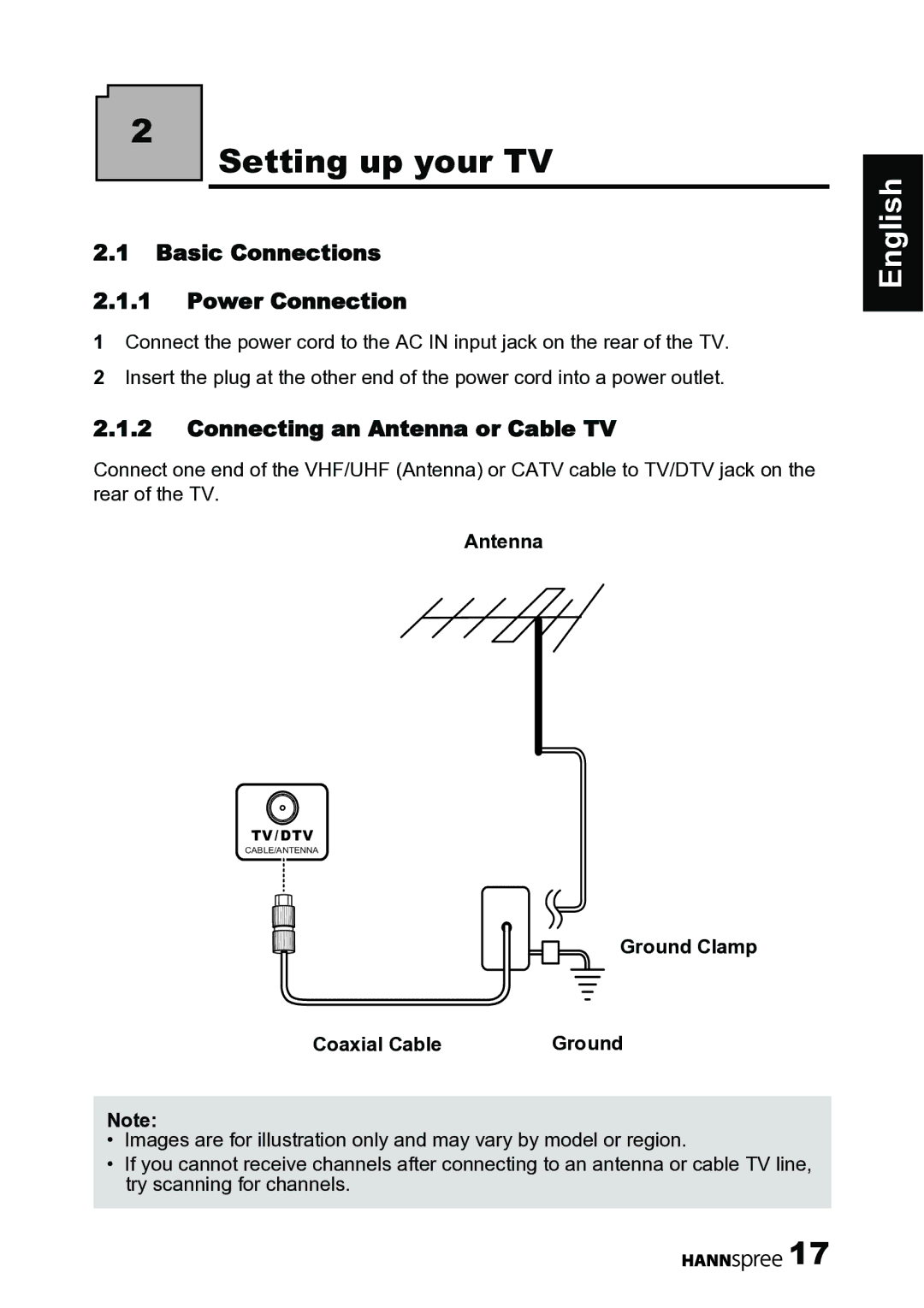 HANNspree 62-01000016G000 manual Setting up your TV, Basic Connections Power Connection, Connecting an Antenna or Cable TV 