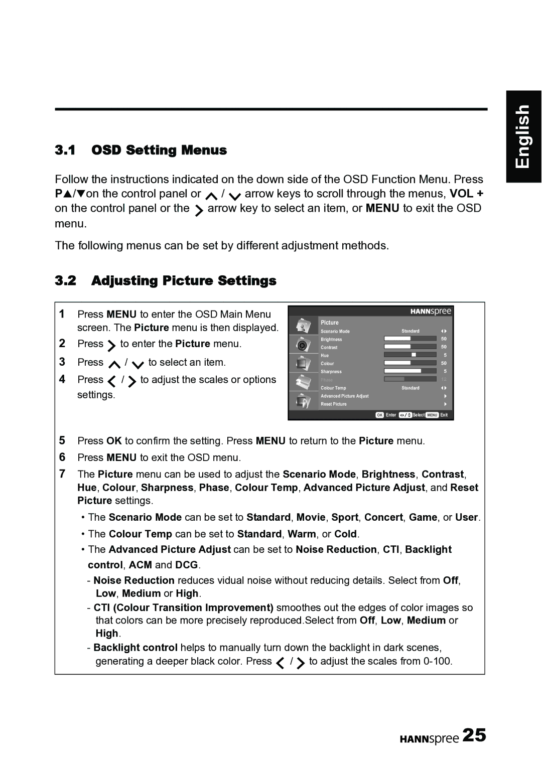 HANNspree 62-01000016G000 manual OSD Setting Menus, Adjusting Picture Settings 