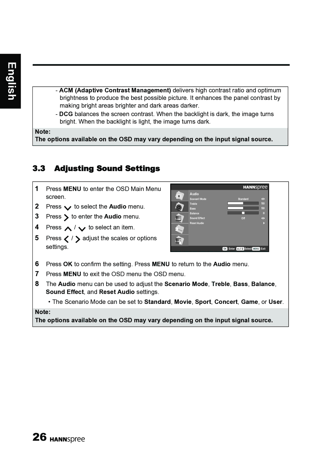 HANNspree 62-01000016G000 manual Adjusting Sound Settings, Audio 