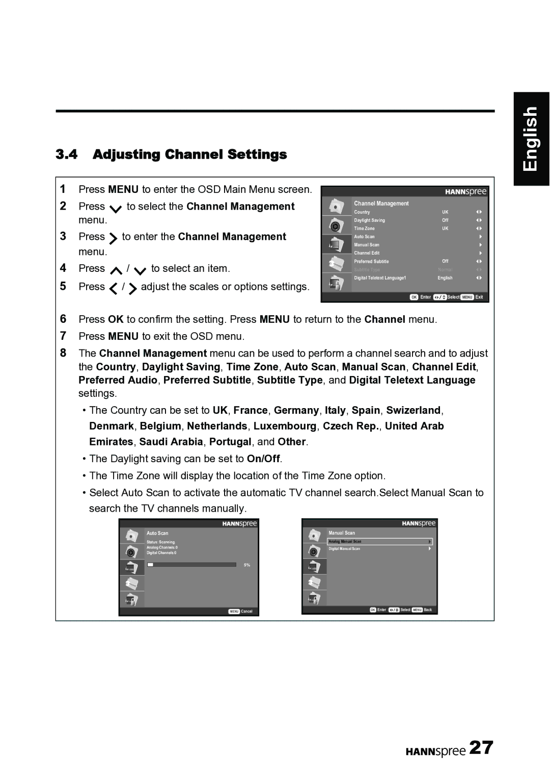 HANNspree 62-01000016G000 manual Adjusting Channel Settings, Channel Management 