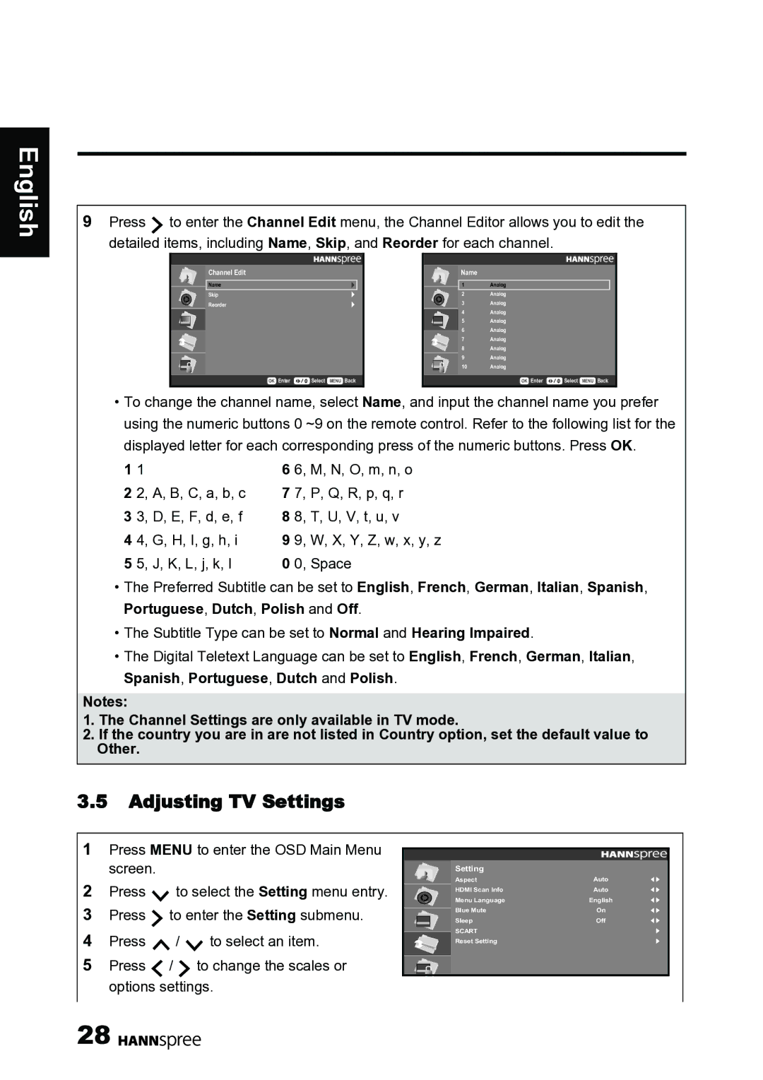 HANNspree 62-01000016G000 manual Adjusting TV Settings, K, L, j, k, l Space 