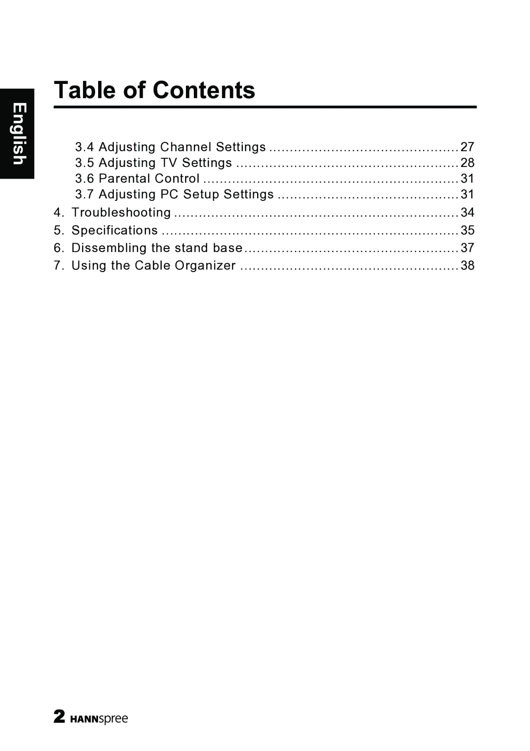 HANNspree 62-01000016G000 manual Table of Contents 