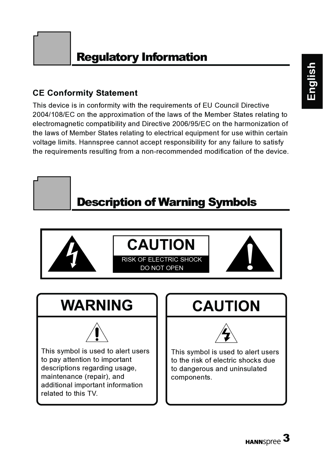 HANNspree 62-01000016G000 manual Regulatory Information, Description of Warning Symbols 