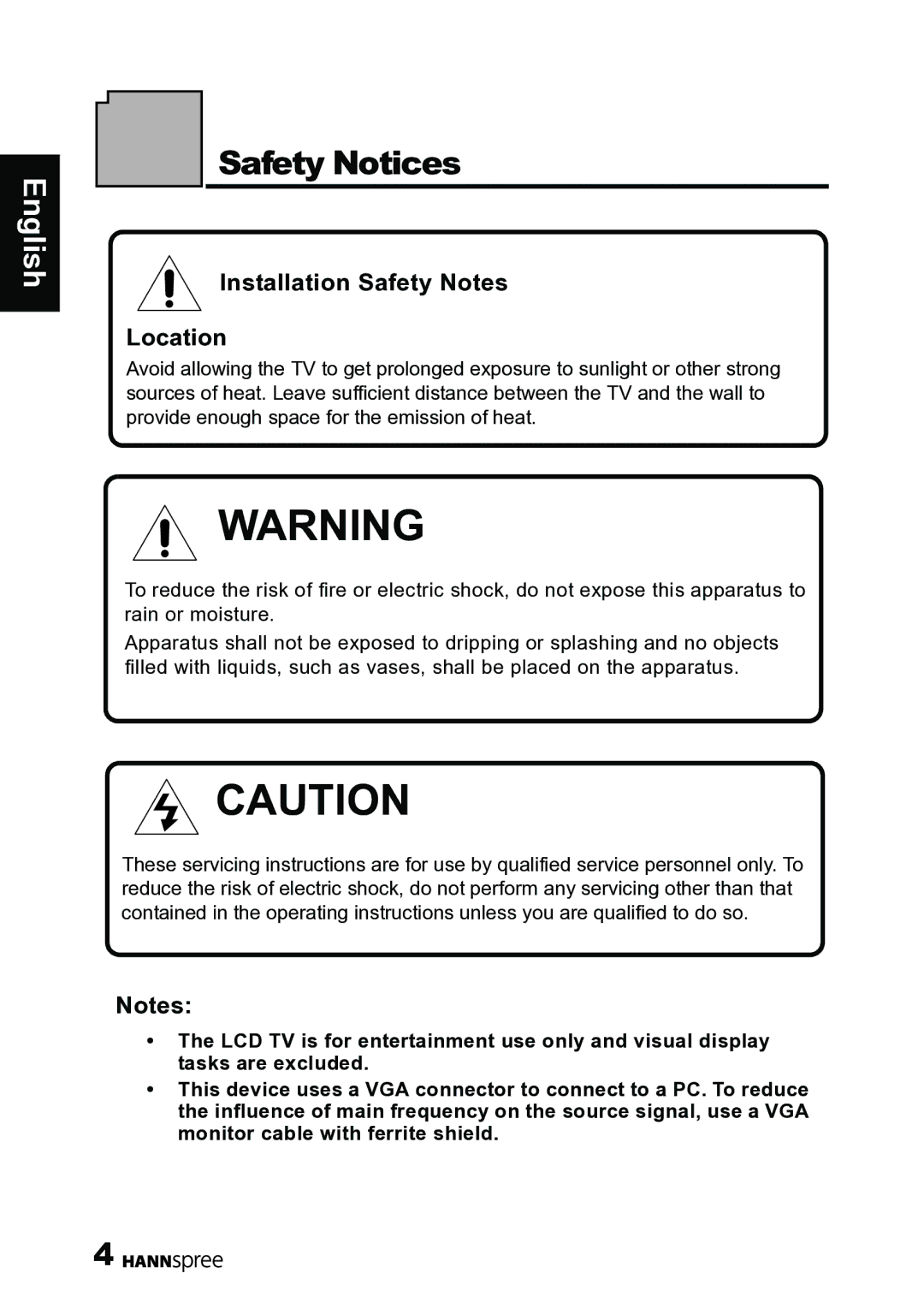 HANNspree 62-01000016G000 manual Safety Notices, Installation Safety Notes Location 