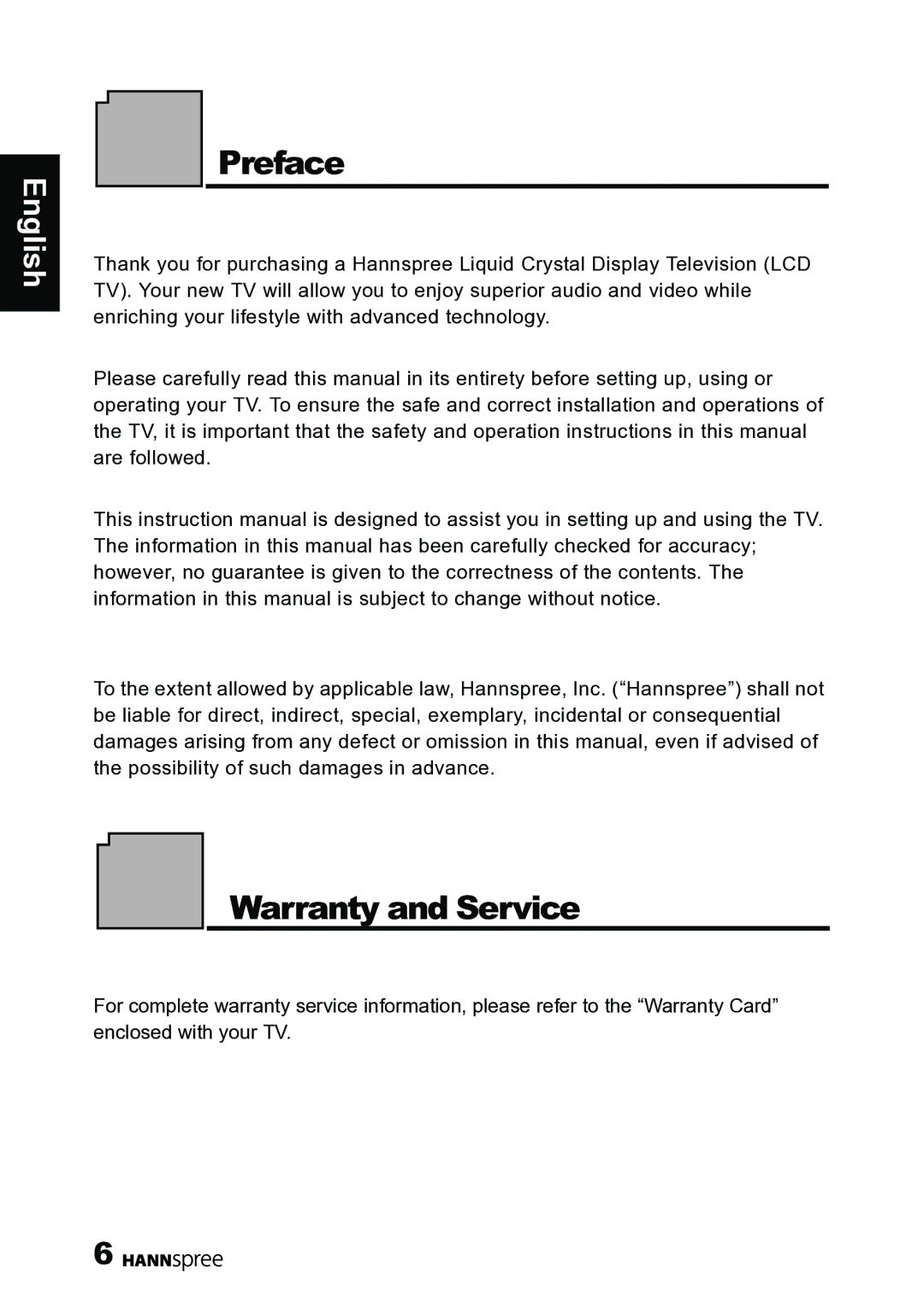 HANNspree 62-01000016G000 manual Preface, Warranty and Service 