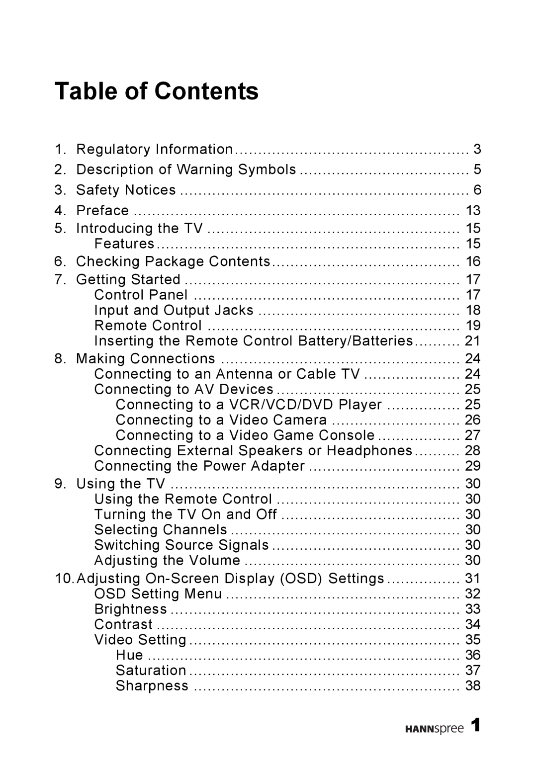 HANNspree 9.6 Liquid Crystal Display 12.1 Television user manual Table of Contents 