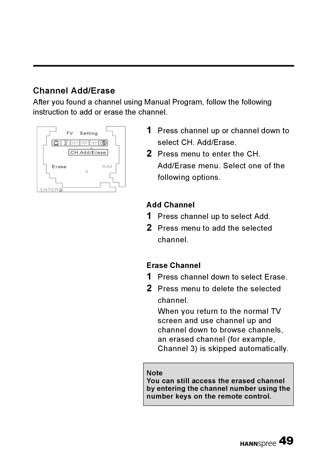 HANNspree 9.6 Liquid Crystal Display 12.1 Television user manual Channel Add/Erase, Add Channel, Erase Channel 