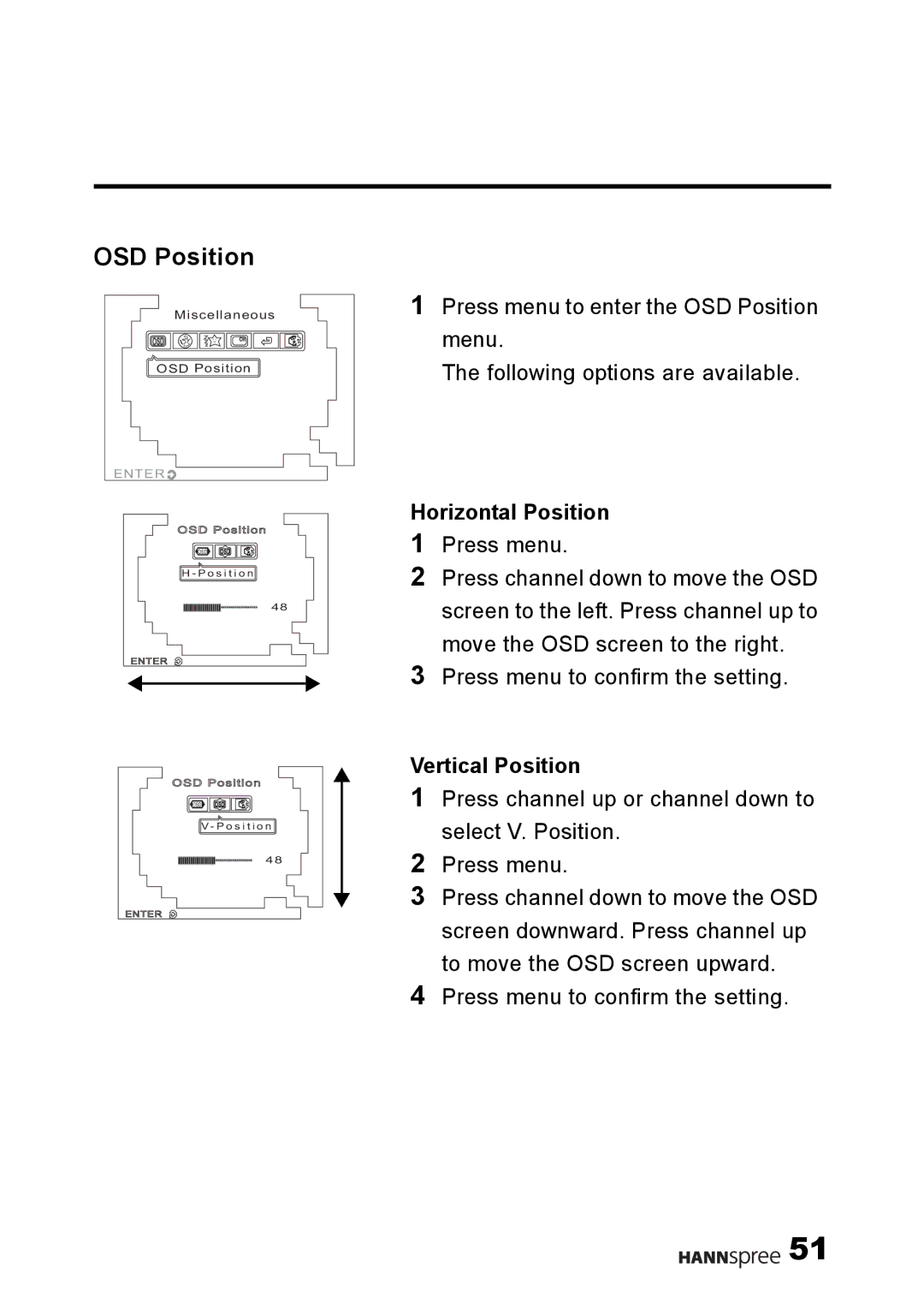 HANNspree 9.6 Liquid Crystal Display 12.1 Television user manual OSD Position, Horizontal Position, Vertical Position 