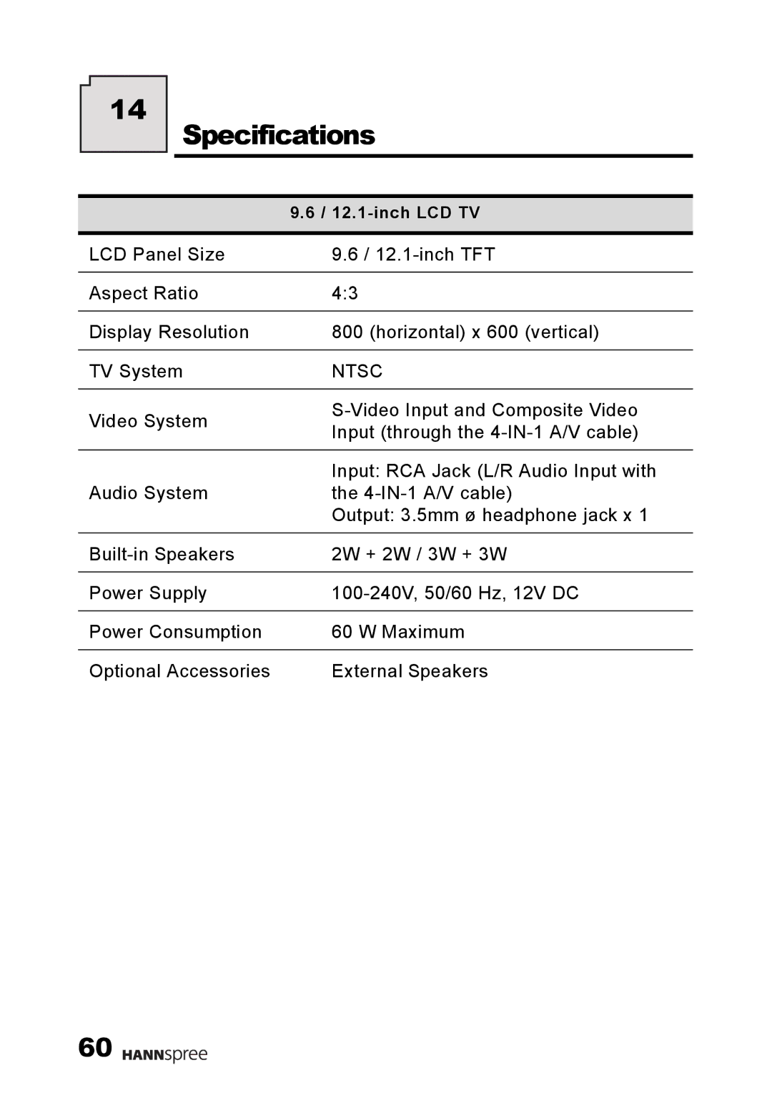 HANNspree 9.6 Liquid Crystal Display 12.1 Television user manual Specifications, Ntsc 