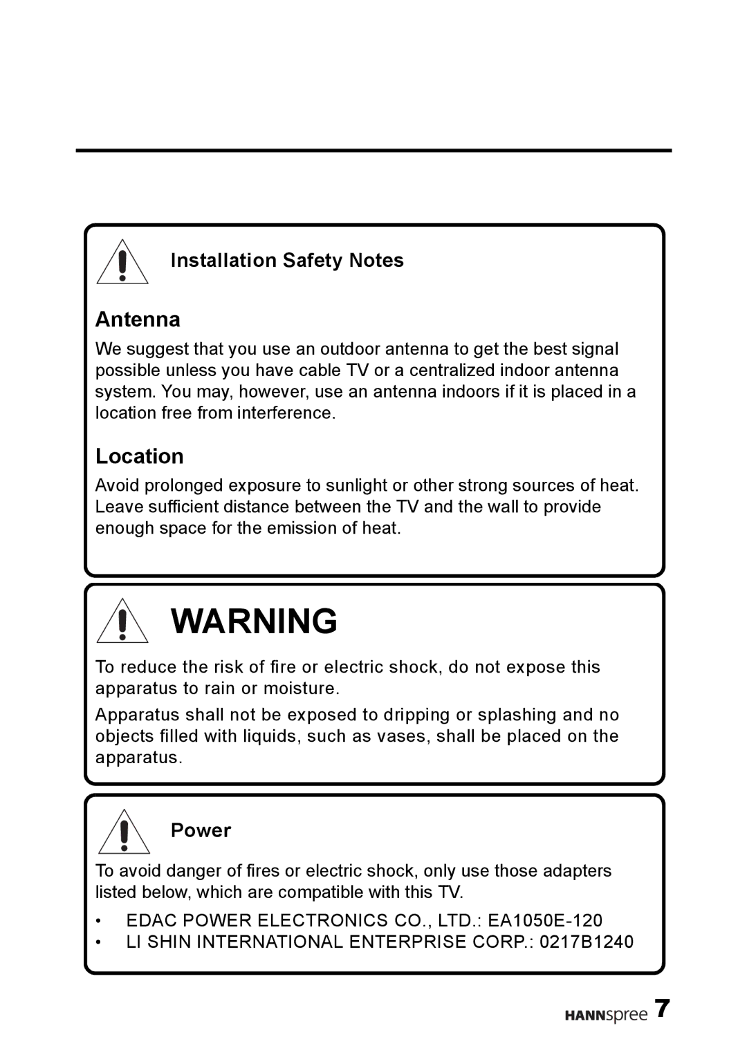 HANNspree 9.6 Liquid Crystal Display 12.1 Television user manual Installation Safety Notes, Power 