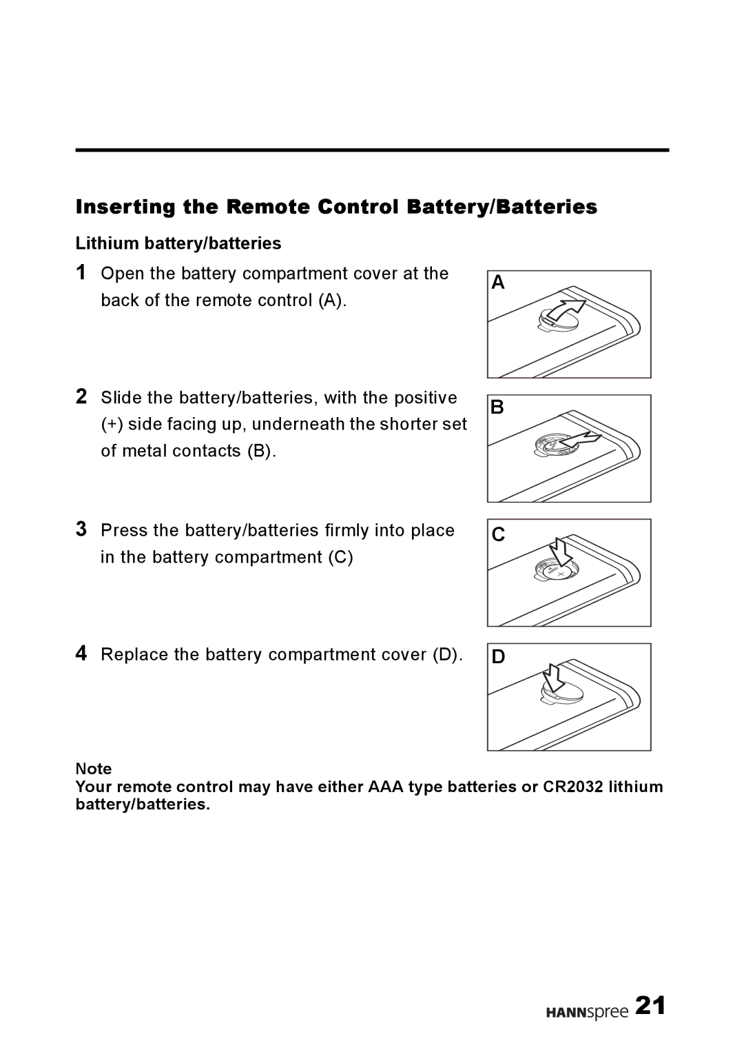 HANNspree 9.6 Liquid Crystal Display user manual Inserting the Remote Control Battery/Batteries, Lithium battery/batteries 