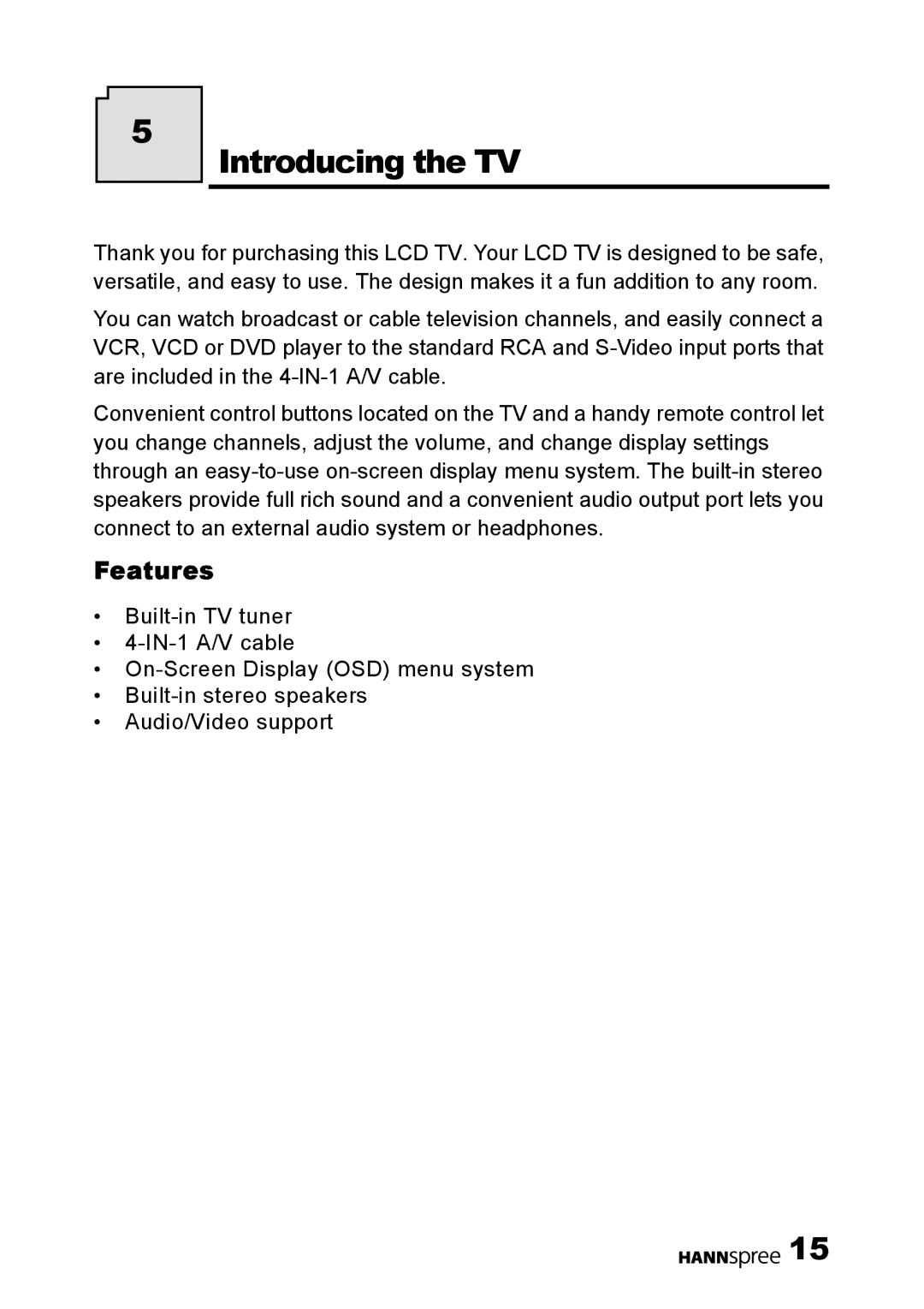 HANNspree DT01-12U1-000 user manual Introducing the TV, Features 