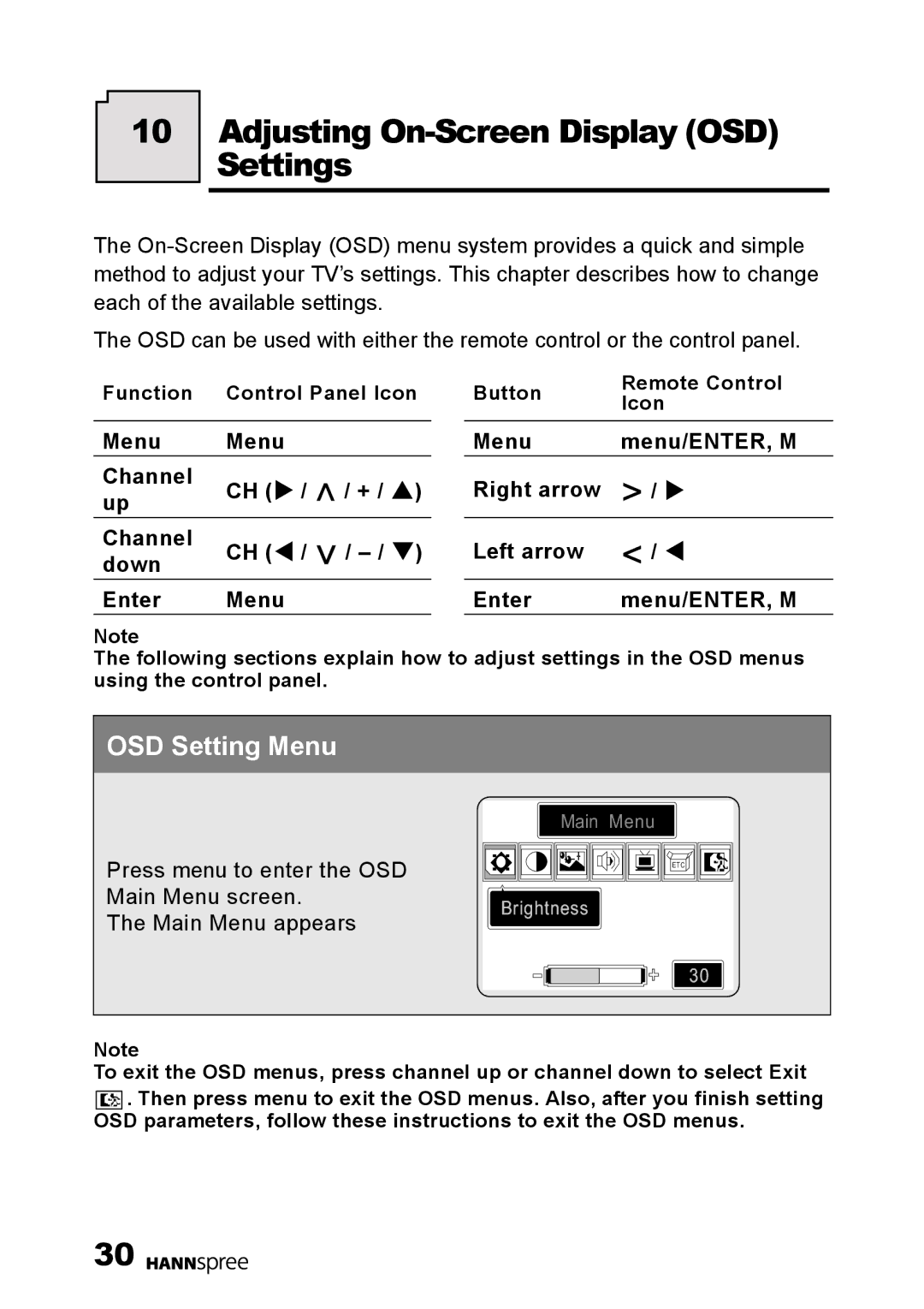 HANNspree DT01-12U1-000 user manual Adjusting On-Screen Display OSD Settings, Menu Channel 