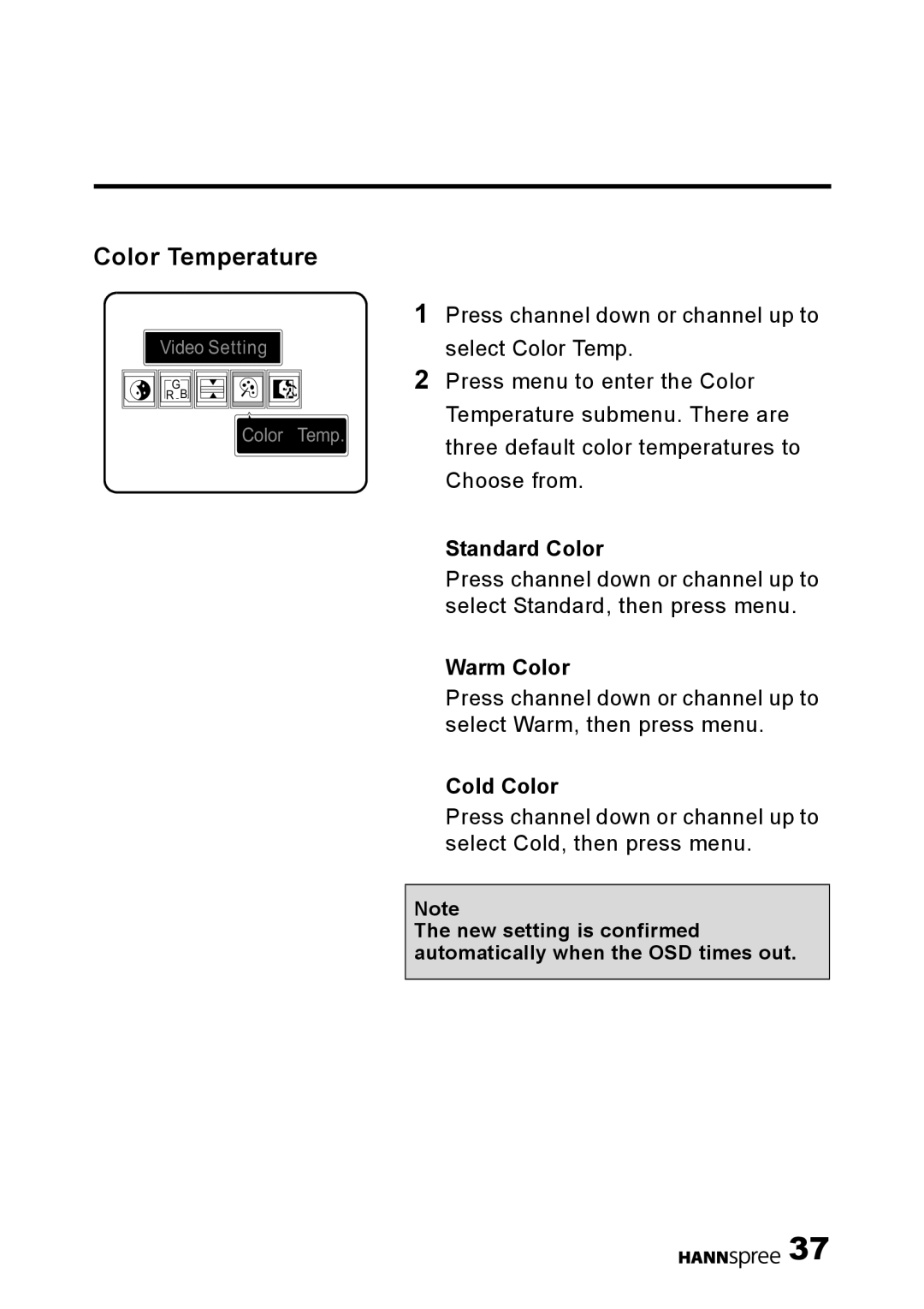 HANNspree DT01-12U1-000 user manual Color Temperature, Standard Color, Warm Color, Cold Color 