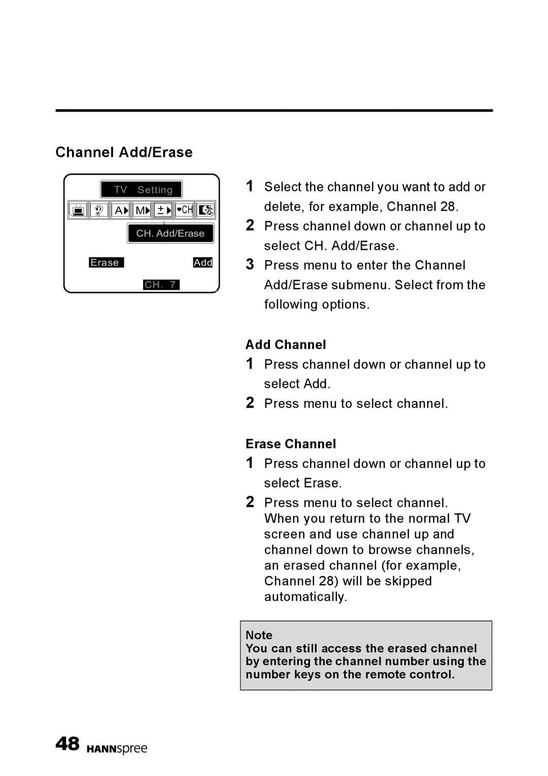 HANNspree DT01-12U1-000 user manual Channel Add/Erase, Add Channel, Erase Channel 