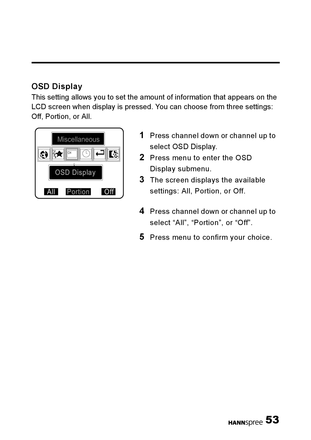 HANNspree DT01-12U1-000 user manual OSD Display All Portion Off 