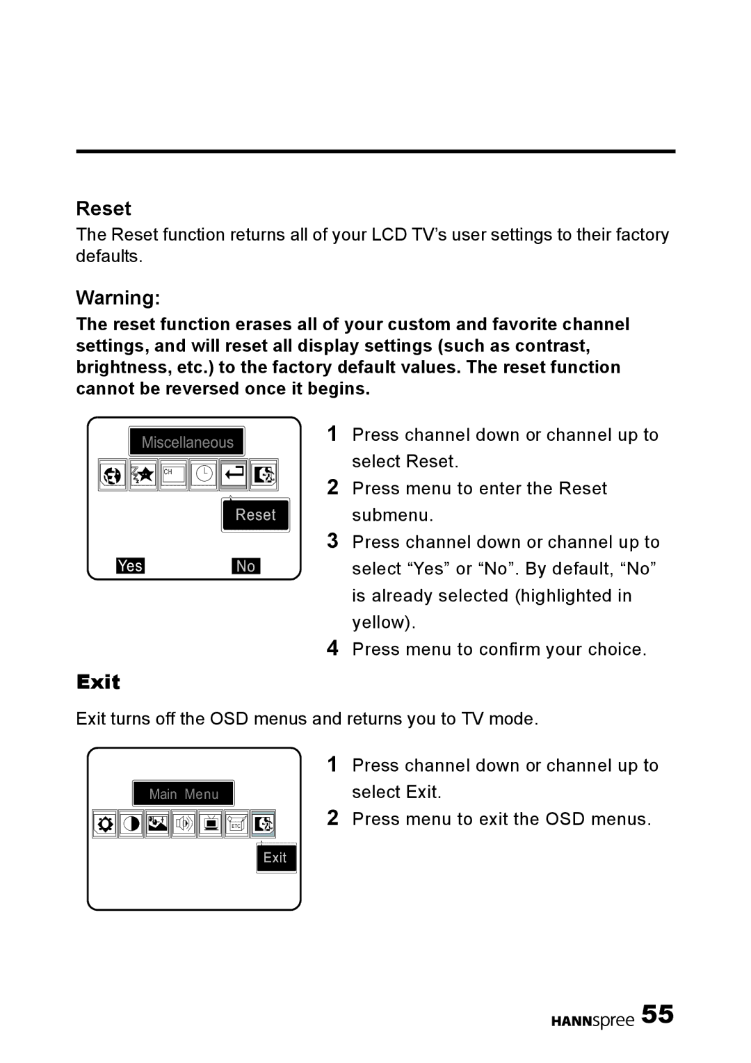 HANNspree DT01-12U1-000 user manual Reset, Exit 