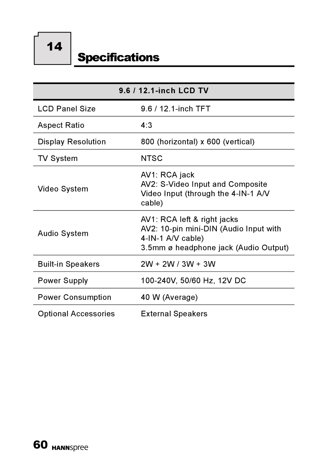 HANNspree DT01-12U1-000 user manual Specifications, inch LCD TV 