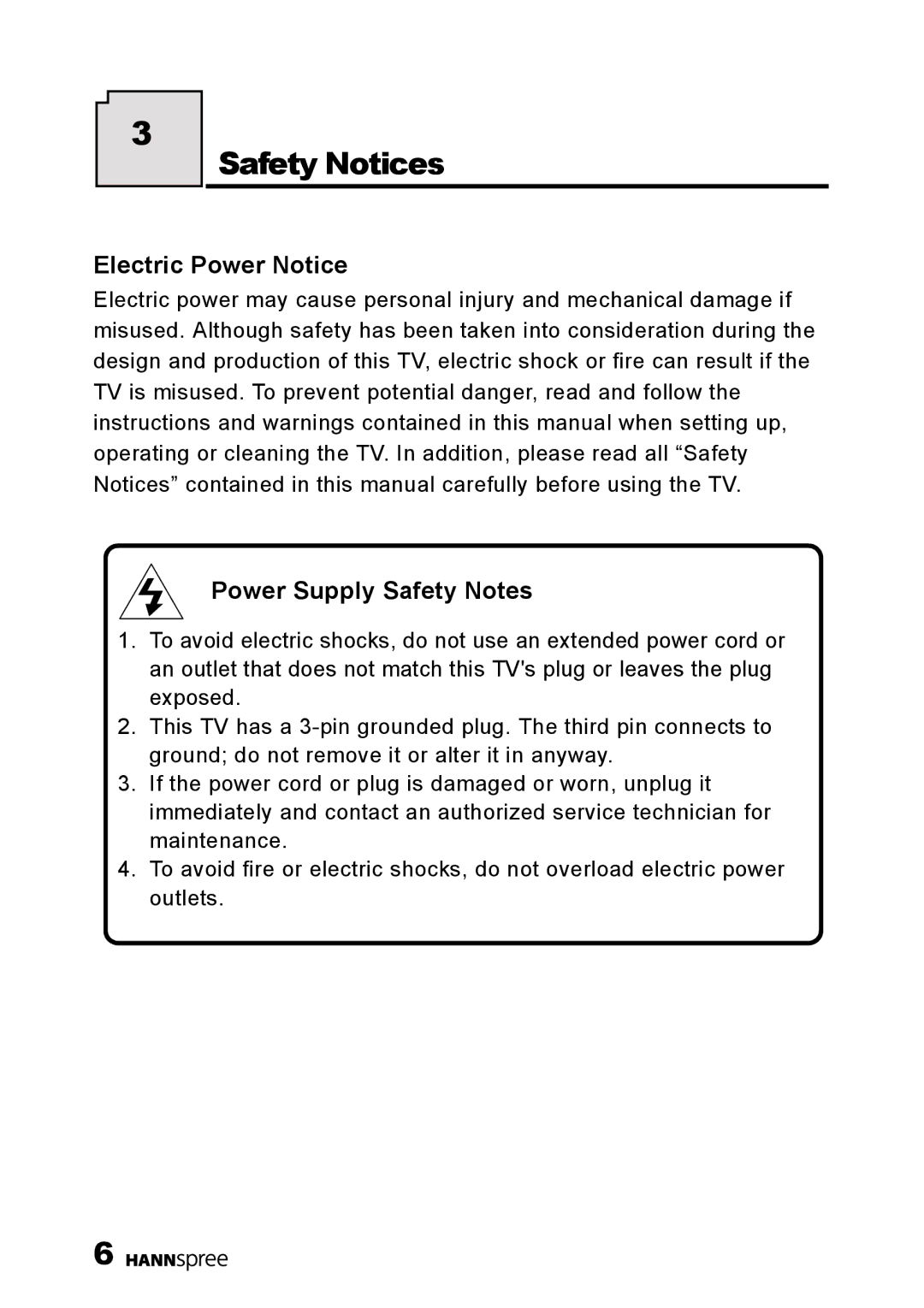 HANNspree DT01-12U1-000 user manual Electric Power Notice, Power Supply Safety Notes 