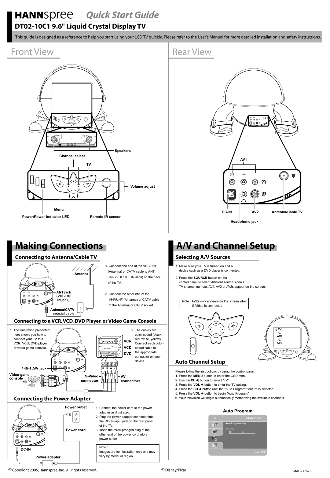 HANNspree DT02-10C1 quick start Selecting A/V Sources, Auto Channel Setup, Connecting to Antenna/Cable TV 