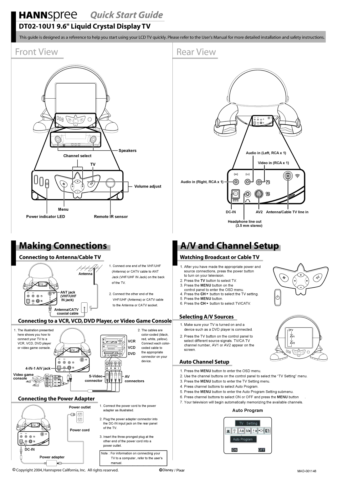 HANNspree DT02-10U1 quick start Watching Broadcast or Cable TV, Auto Channel Setup, Connecting to Antenna/Cable TV 