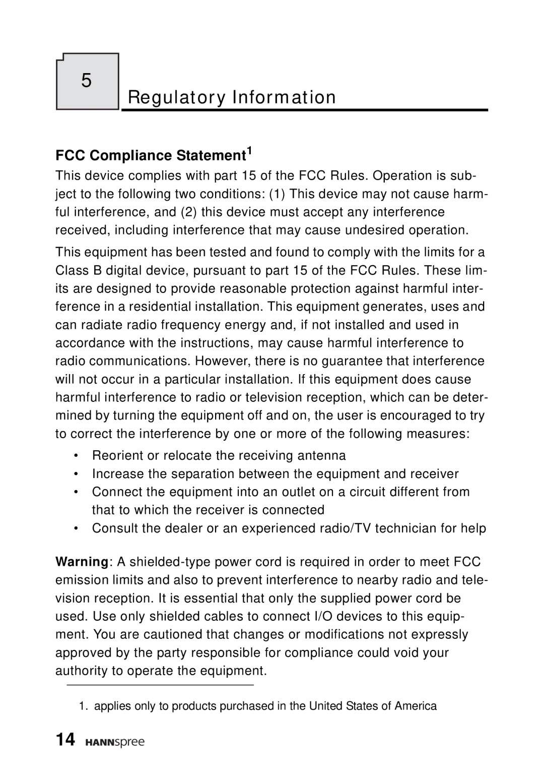 HANNspree DT04-12A1 manual Regulatory Information, FCC Compliance Statement1 