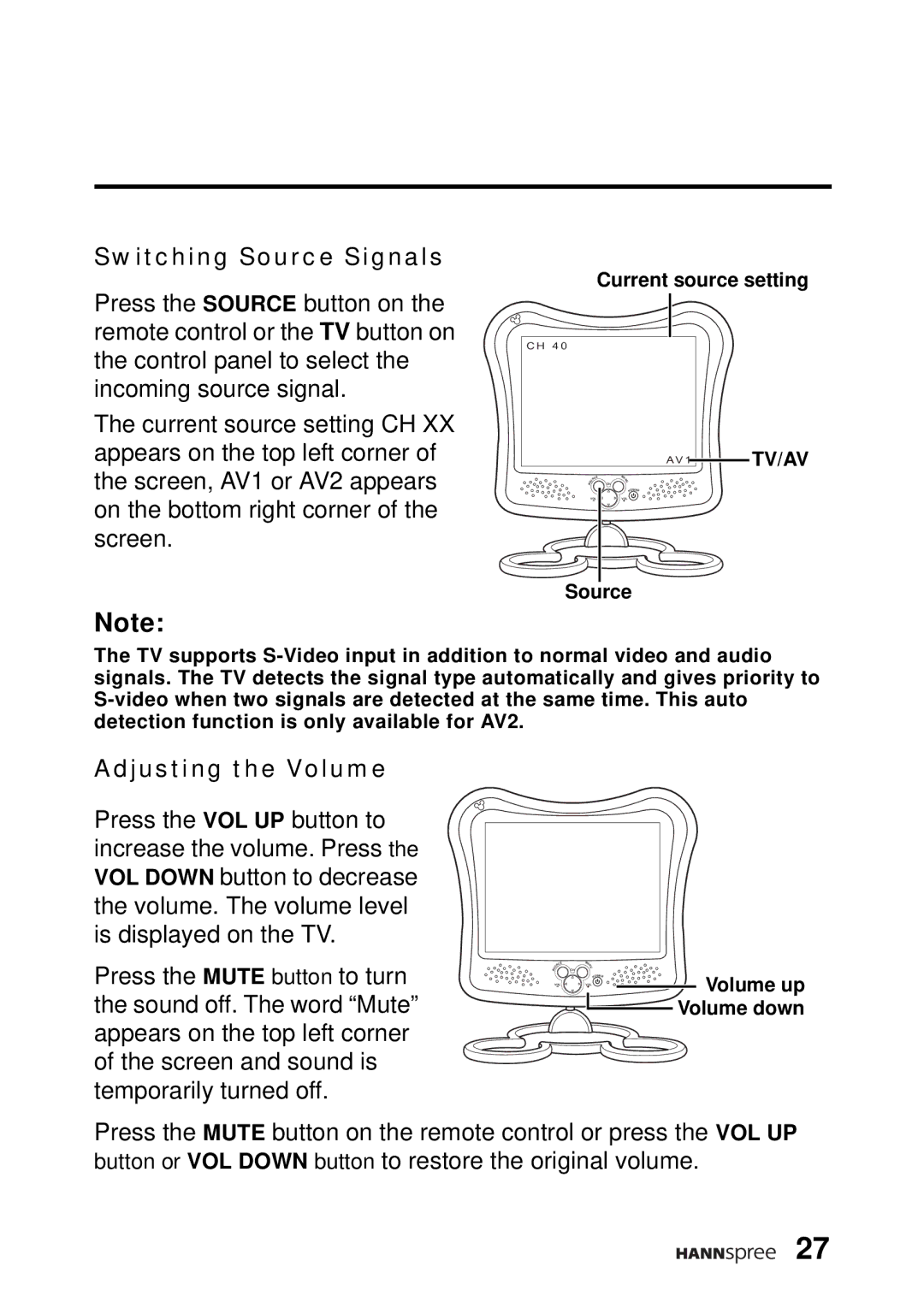 HANNspree DT04-12A1 manual Switching Source Signals, Adjusting the Volume 