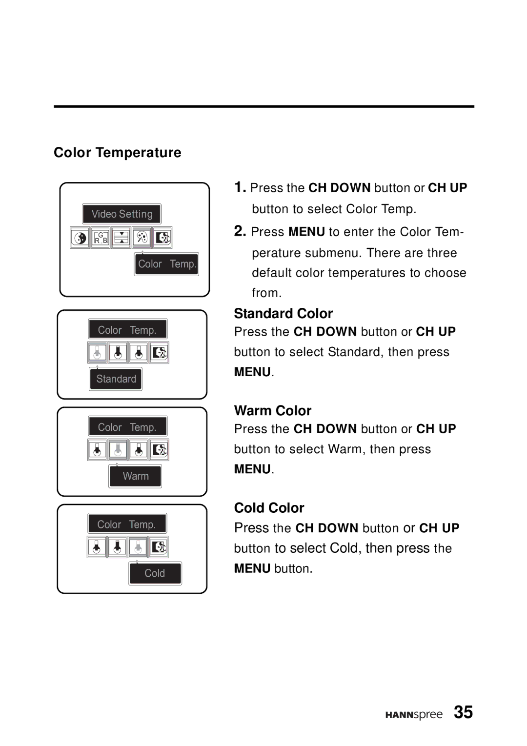 HANNspree DT04-12A1 manual Color Temperature, Standard Color, Warm Color, Cold Color 