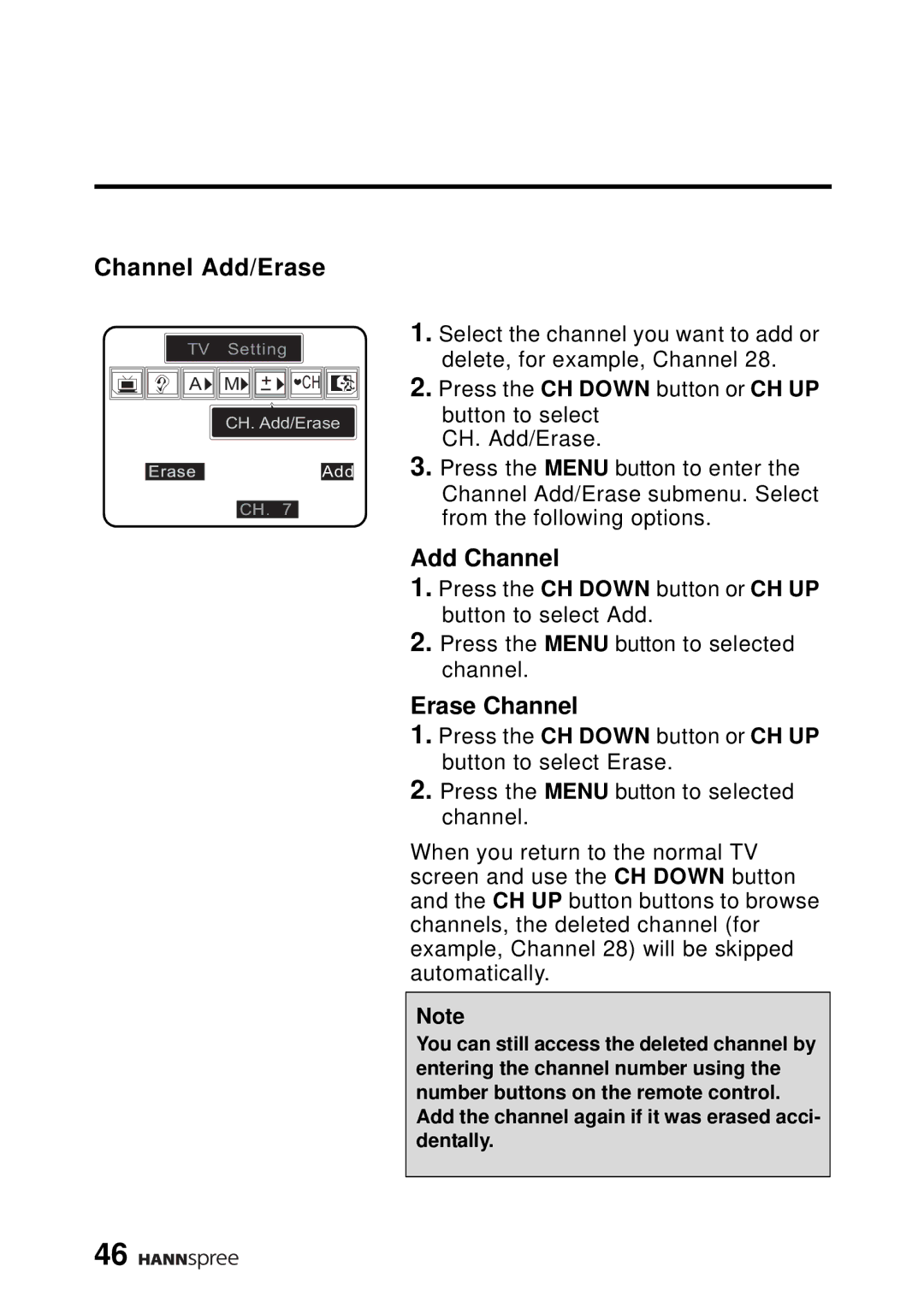 HANNspree DT04-12A1 manual Channel Add/Erase, Add Channel, Erase Channel 