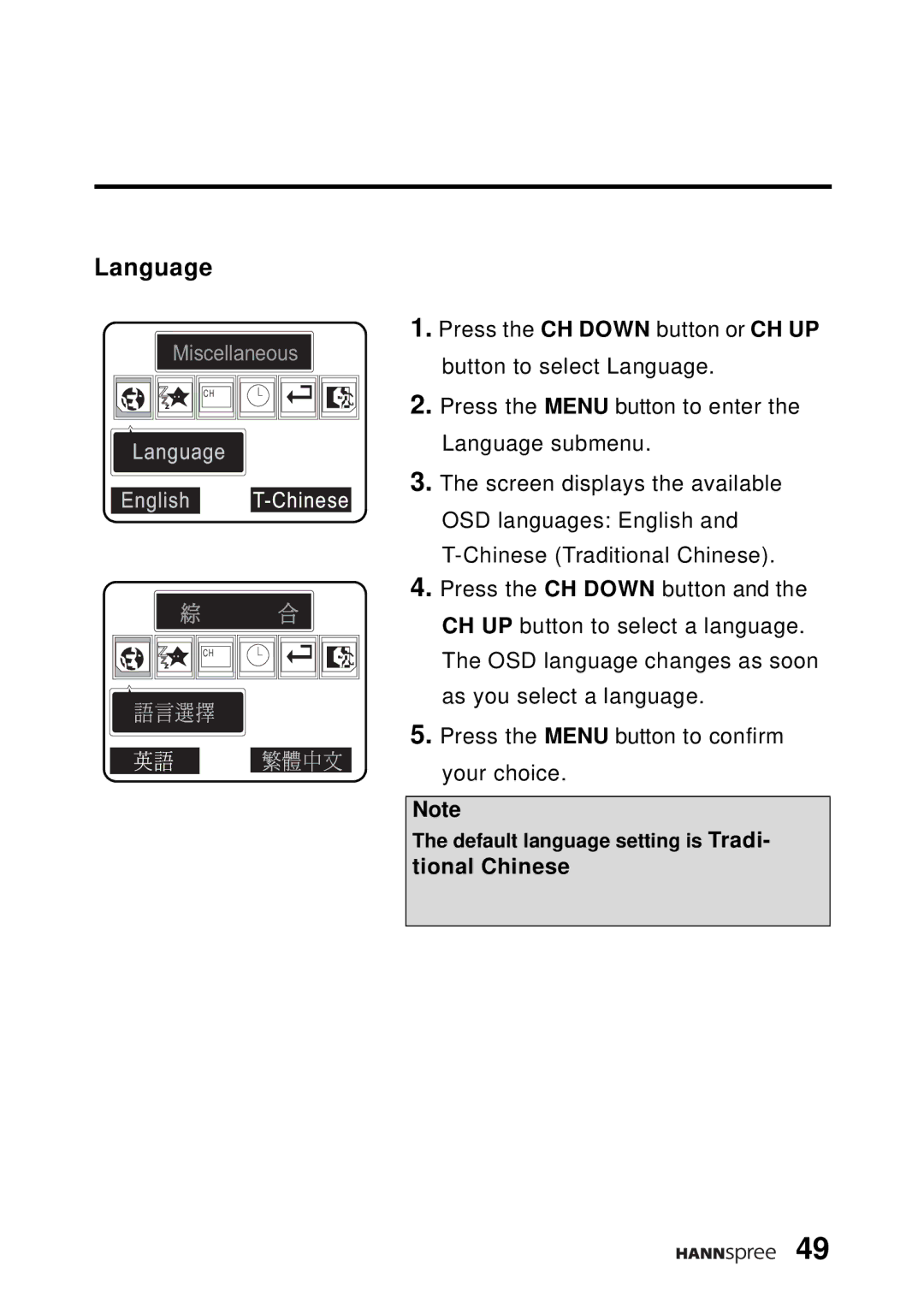 HANNspree DT04-12A1 manual Language, English T-Chinese 