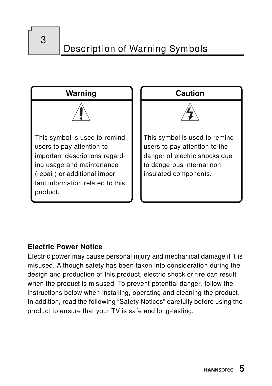 HANNspree DT04-12A1 manual Description of Warning Symbols, Electric Power Notice 