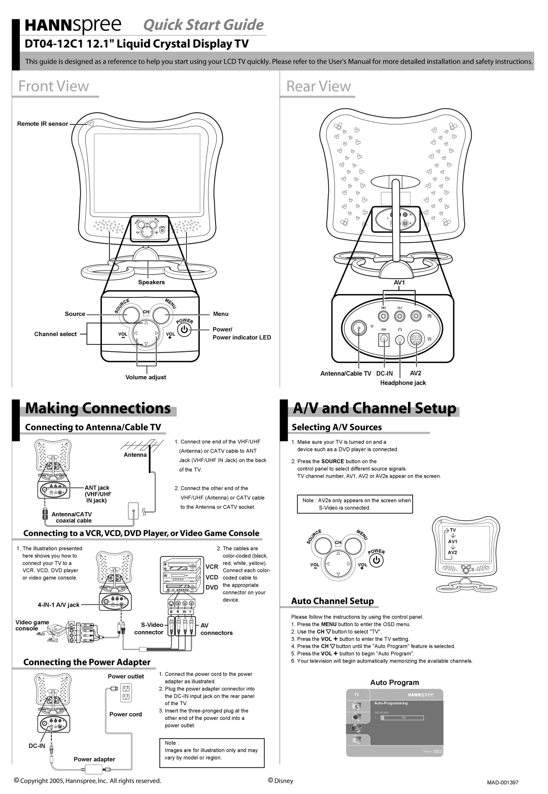 HANNspree DT04-12C1 quick start Selecting A/V Sources, Auto Channel Setup, Connecting to Antenna/Cable TV 