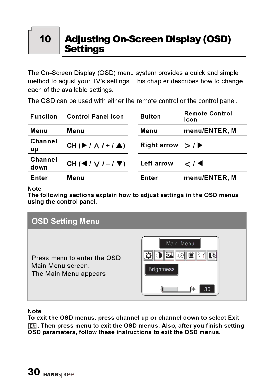 HANNspree DT04-12U1-000 user manual Adjusting On-Screen Display OSD Settings, Menu Channel 