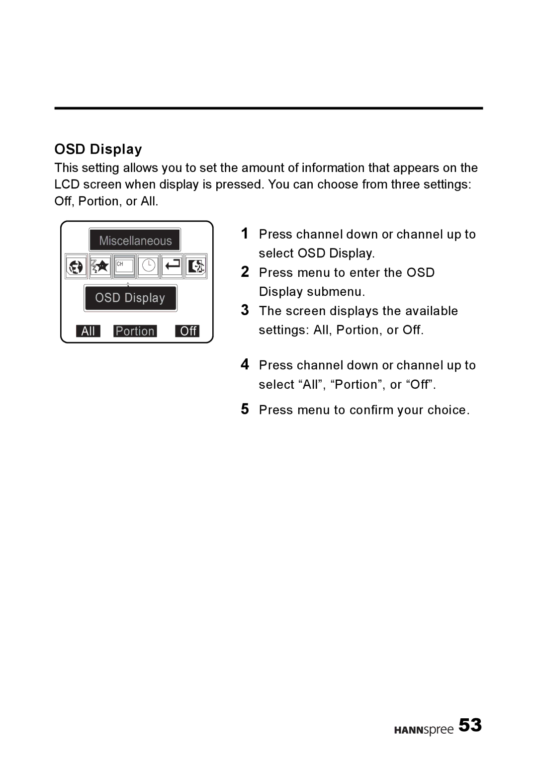 HANNspree DT04-12U1-000 user manual OSD Display All Portion Off 