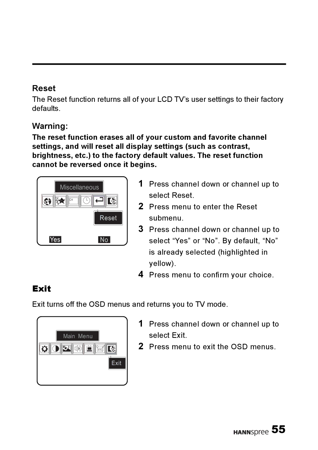 HANNspree DT04-12U1-000 user manual Reset, Exit 