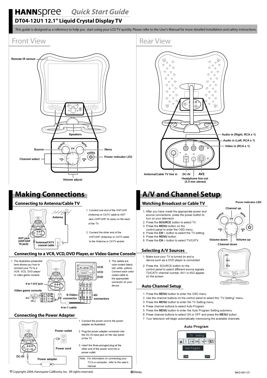 HANNspree DT04-12U1 quick start Selecting A/V Sources, Auto Channel Setup, Connecting the Power Adapter 