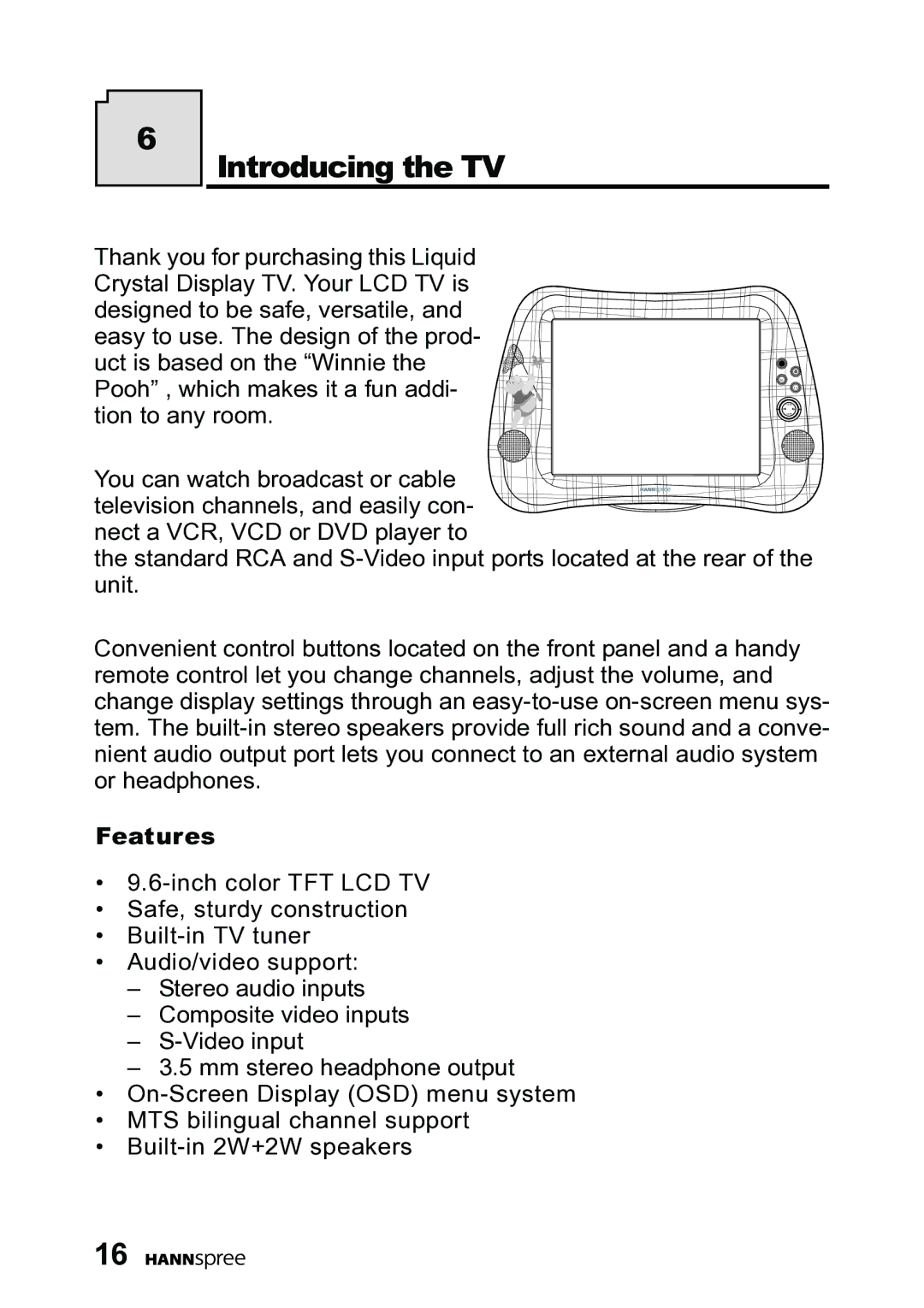 HANNspree DT06-10A1 user manual Introducing the TV, Features 