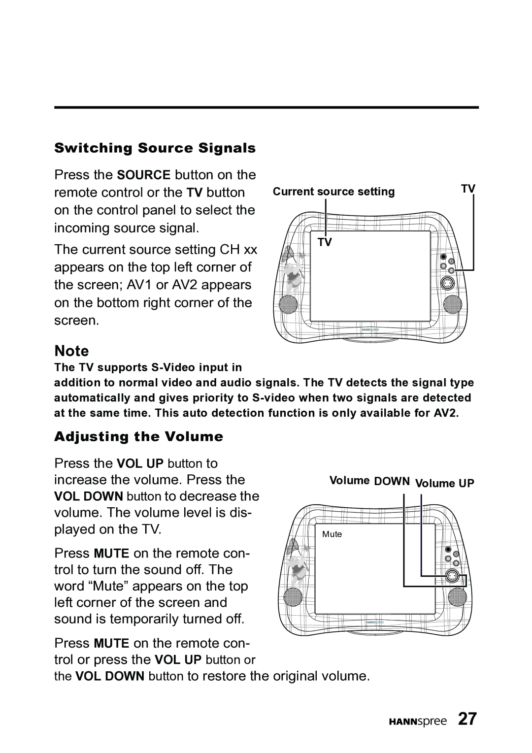 HANNspree DT06-10A1 user manual Switching Source Signals, Adjusting the Volume 