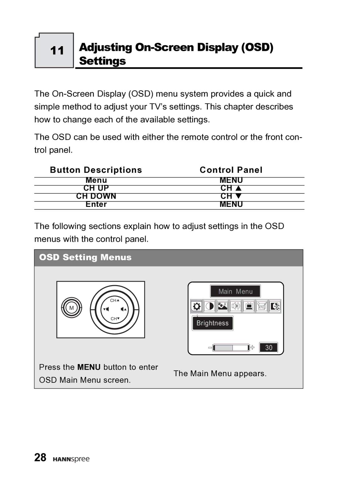 HANNspree DT06-10A1 user manual Adjusting On-Screen Display OSD, Settings, Button Descriptions Control Panel 