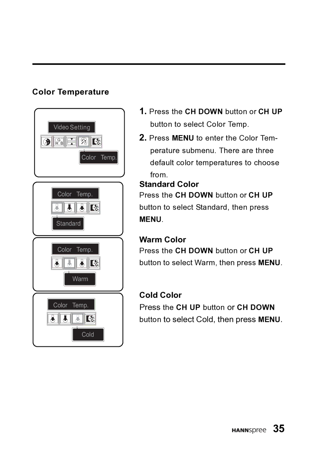 HANNspree DT06-10A1 user manual Color Temperature, Standard Color, Warm Color, Cold Color 