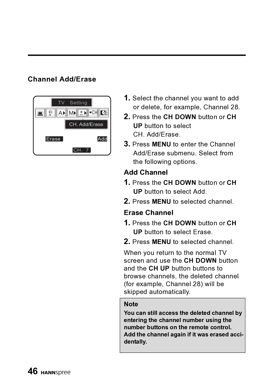 HANNspree DT06-10A1 user manual Channel Add/Erase, Add Channel, Erase Channel 